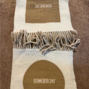 Jacquemus Cream and Tan Logo Fringe Wool Scarf